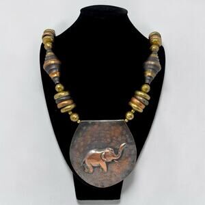 Vintage Elephant Pendant Necklace Oversized Boho Tribal Copper Brass 24”
